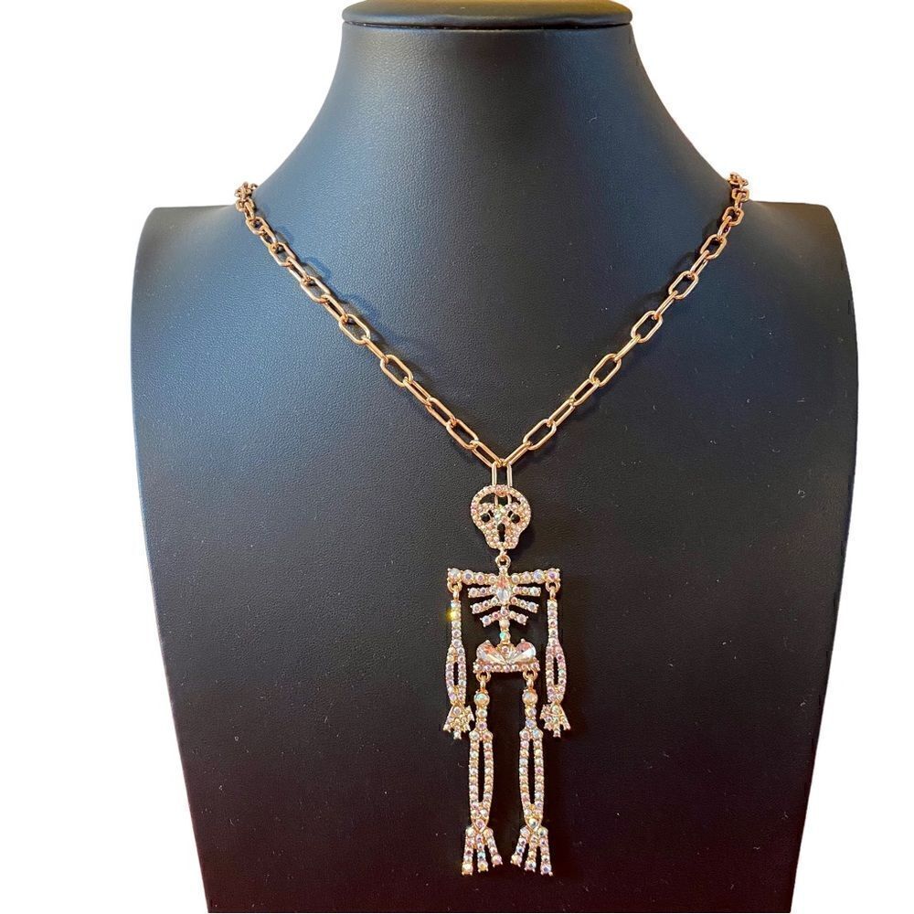 Piper K Rhinestone & Pave Crystal Skelton Pendant on extra long gold toned chain